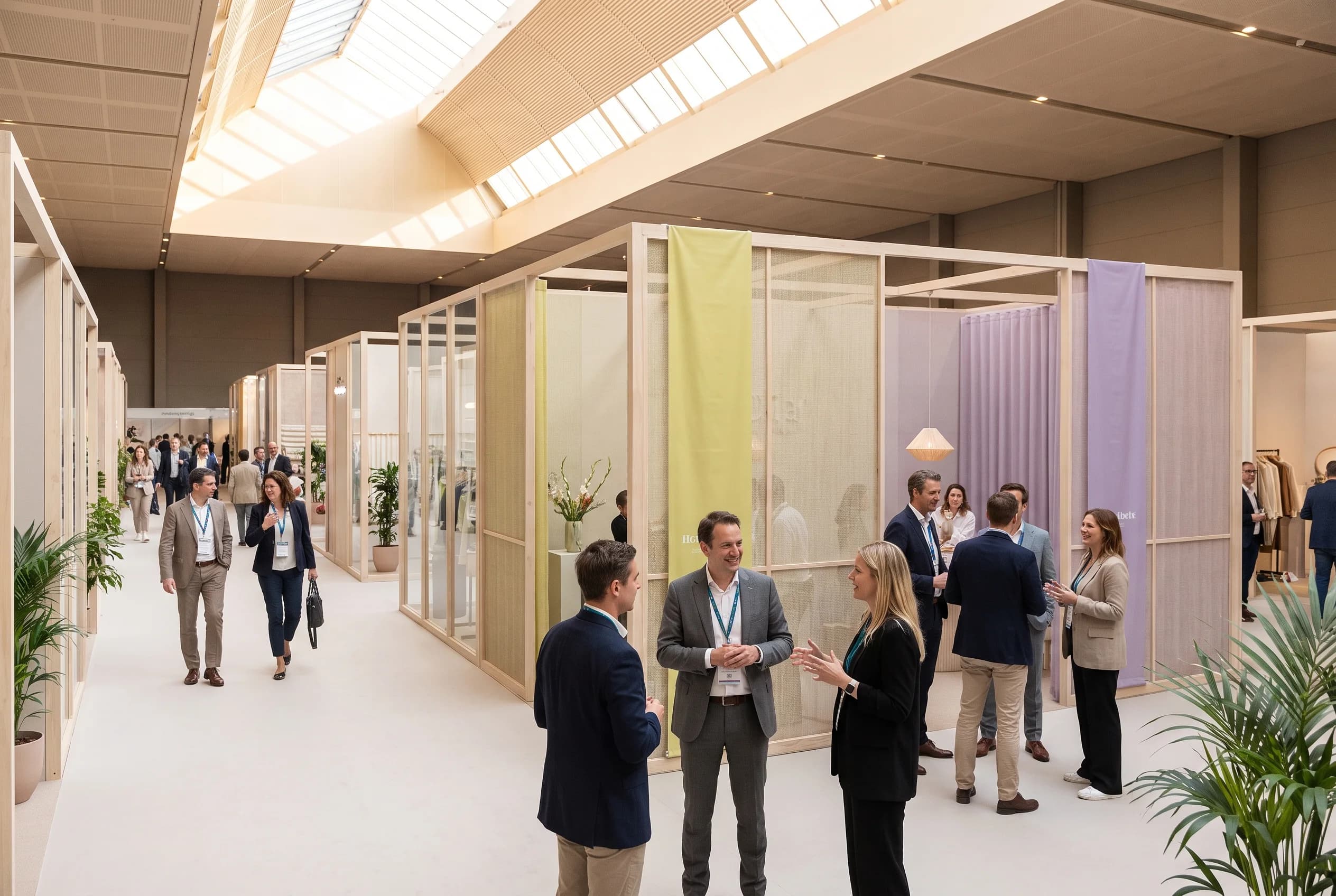Un salon professionnel moderne avec des stands d’exposants bien organisés