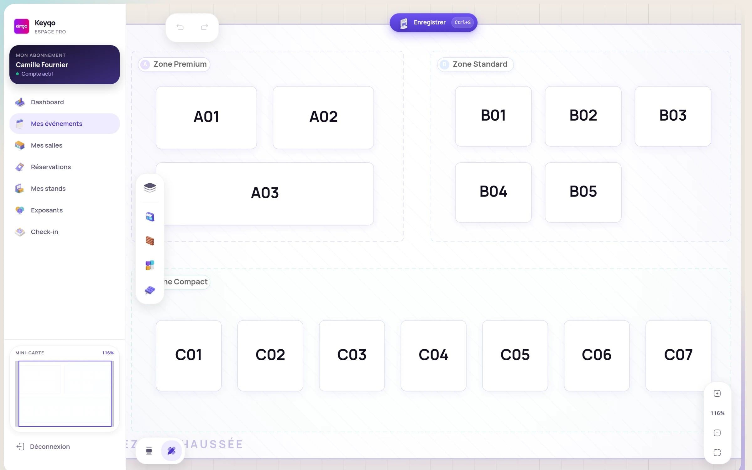 Éditeur de plan de salle interactif Keyqo, stands disposés sur une grille