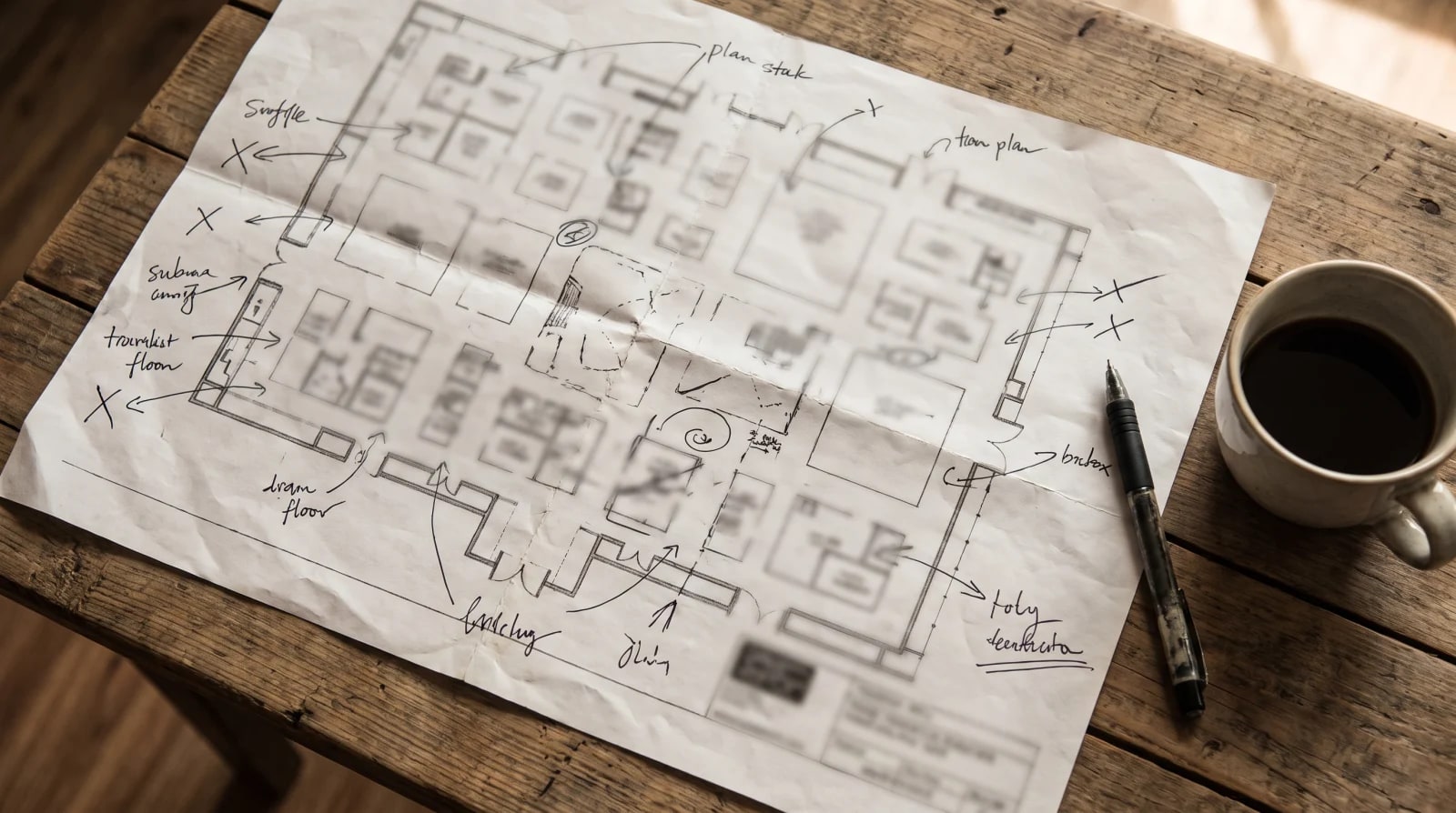Un grand plan de salon professionnel imprimé sur papier, annoté à la main