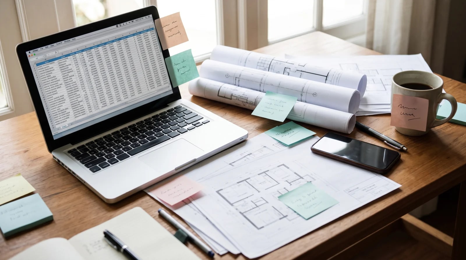 Un bureau encombré avec un laptop affichant un tableur, des plans papier et des post-its