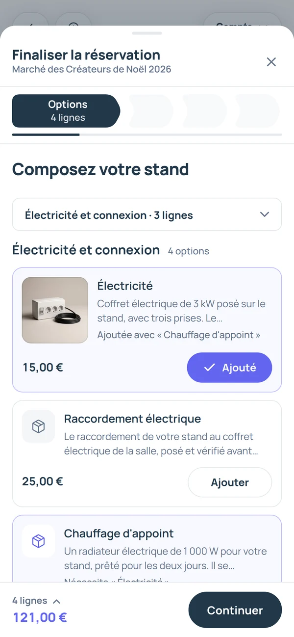 La même étape sur un téléphone, avec l'électricité ajoutée et son prix.