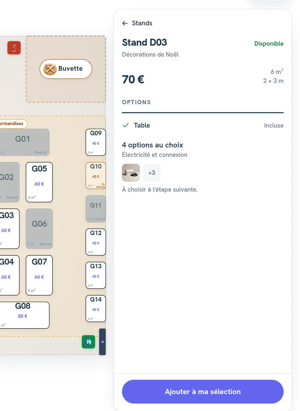 Le plan d'un marché de Noël de démonstration sur le site exposant, avec la fiche du stand D03, disponible, à 70 €, sa table incluse et le bouton Ajouter à ma sélection.
