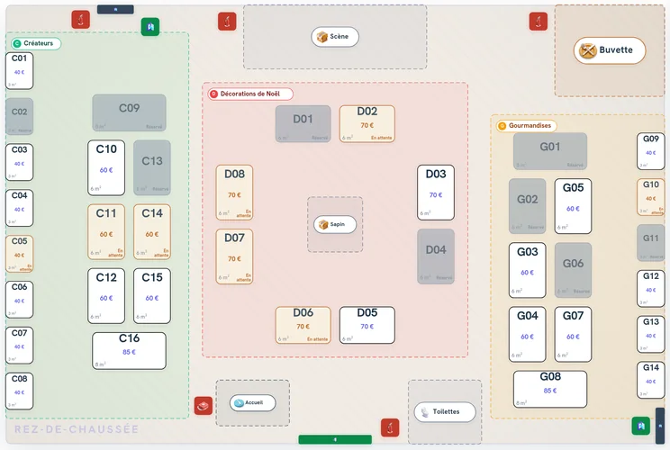 Le plan d'un événement de démonstration sur le site exposant, avec ses secteurs et ses stands libres, en attente ou réservés.