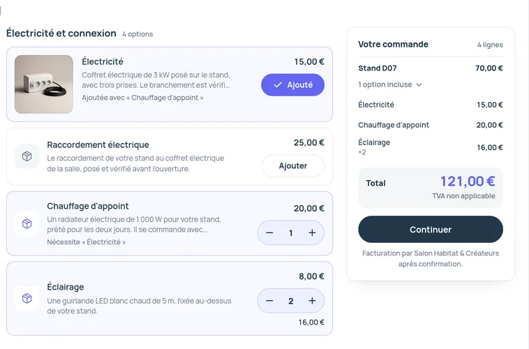 L'étape Composez votre stand sur le site exposant, avec l'électricité, le chauffage d'appoint, deux éclairages et le total de la commande.