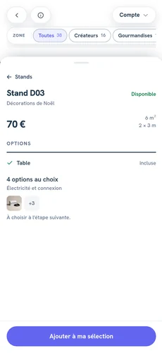 La fiche d'un stand sur le site exposant, sur un téléphone, avec son prix, sa surface, la table incluse et le bouton Ajouter à ma sélection.