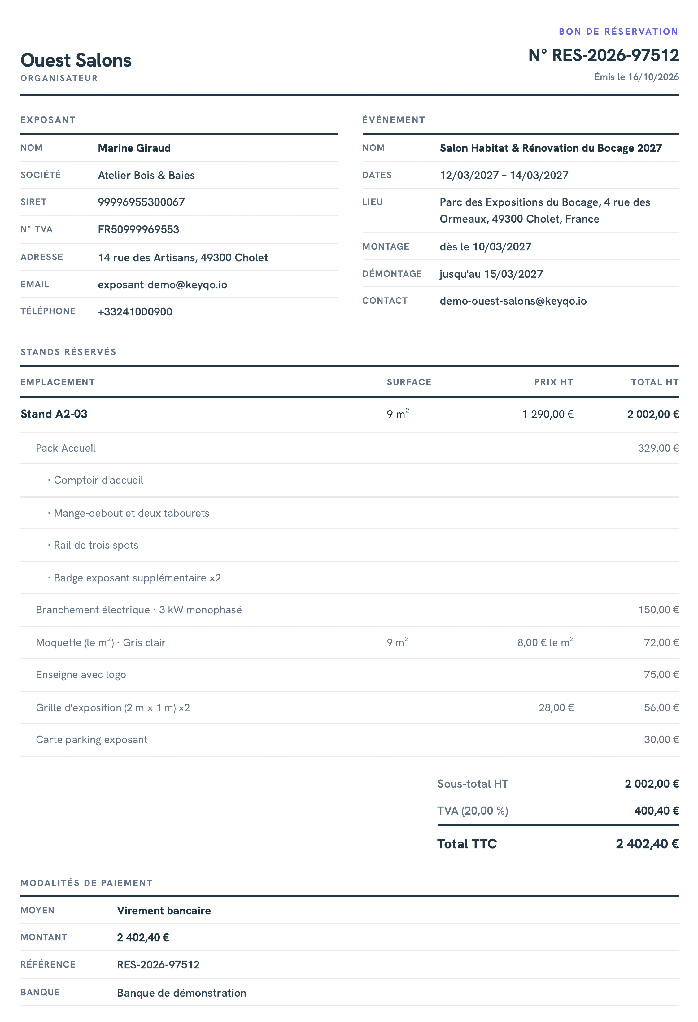 The first page of a booking form issued by Keyqo for a demo event, in French, with the exhibitor, the event, a booth, its pack and its options line by line, VAT, the total and the bank transfer chosen, fictitious details.