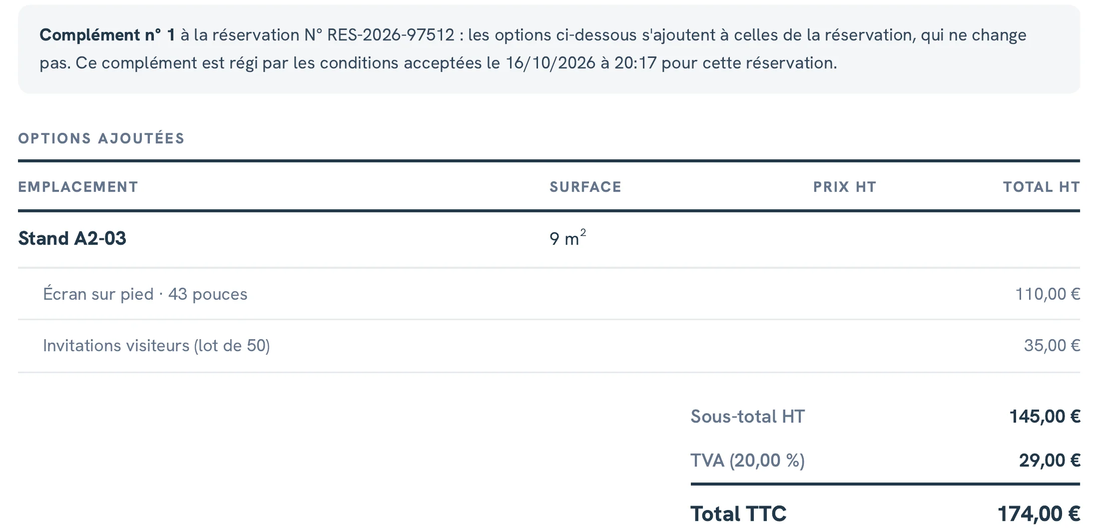 A supplement order form issued by Keyqo for a demo event, in French, with its options line by line and the supplement’s total.