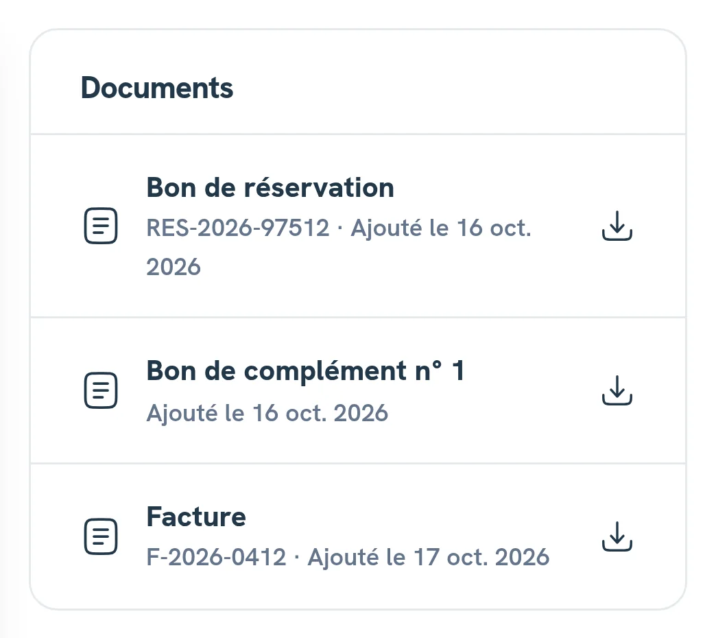 The Documents card of a booking in a demo site’s exhibitor area, in French: the booking form, supplement form no. 1 and invoice F-2026-0412, each with its download button.