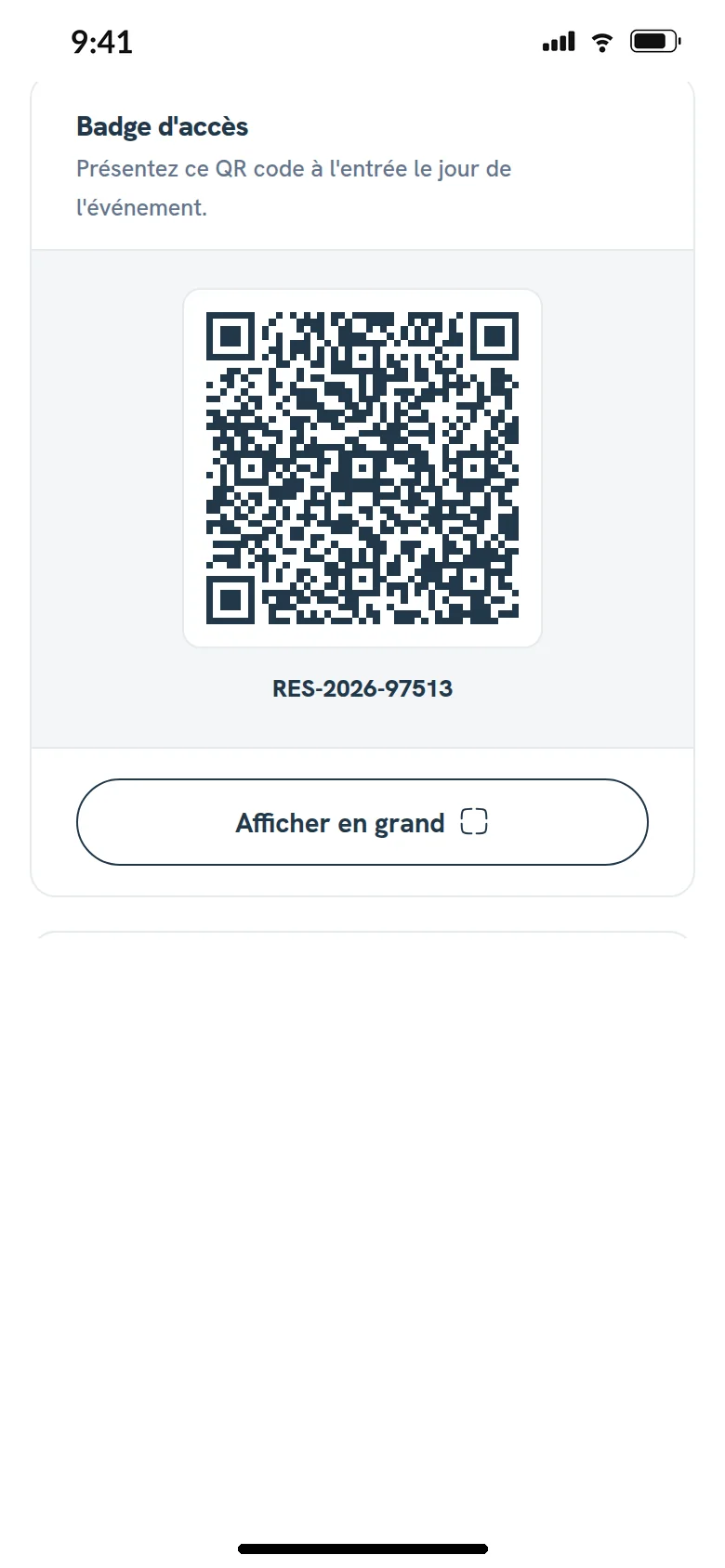 The Access badge card in a demo exhibitor’s area, on a phone, in French, with the QR code of her booking RES-2026-97513 and the Show full size button.