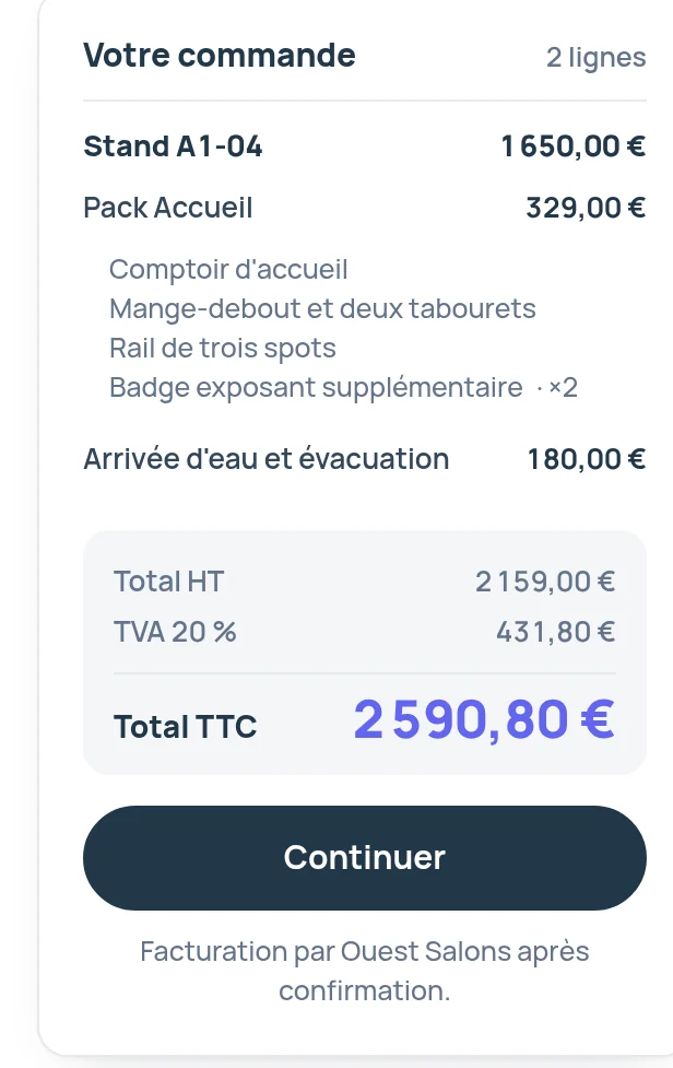 A demo exhibitor’s order at the Compose your booth step, in French, with their booth, the Welcome pack and the water supply at their prices, the total excluding VAT, the VAT and the total including VAT.