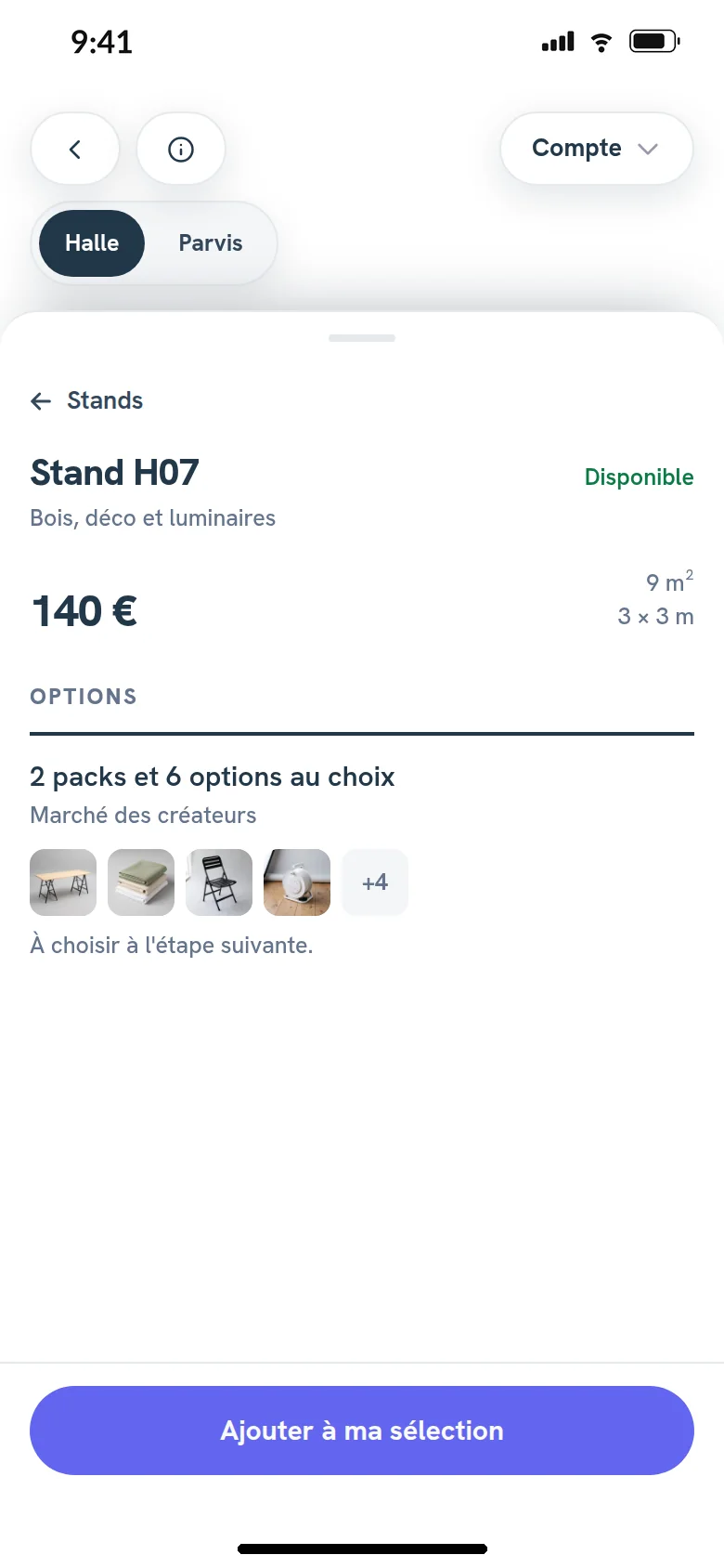 A booth’s card on a phone, in French, with its price, its size, what is included and the number of packs and optional options.
