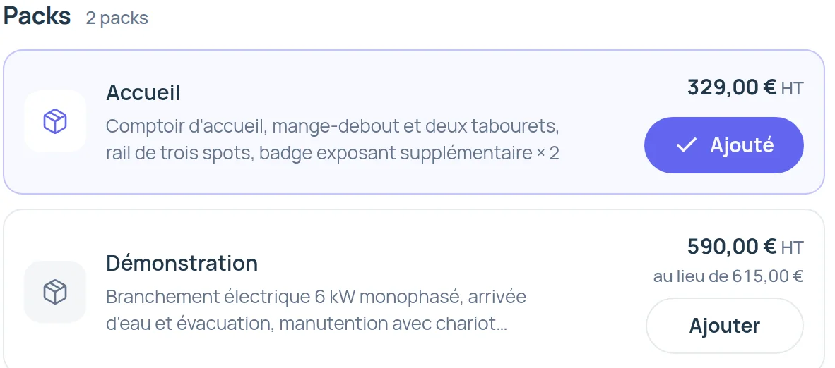 Two packs in a demo site’s booking flow, in French: Welcome at €329 excl. VAT, already added, and Demonstration at €590 excl. VAT instead of €615, with the detail of their options.