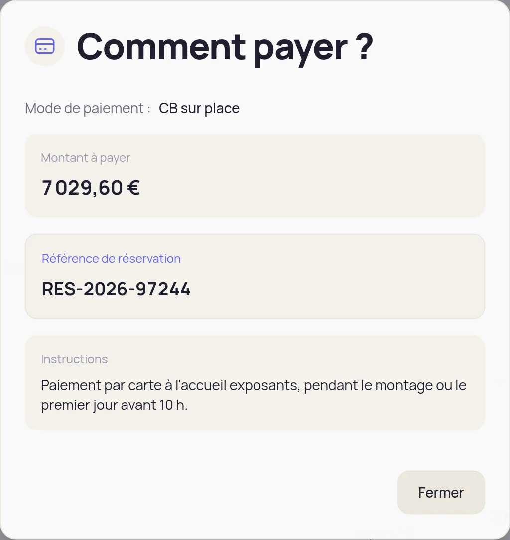 The How to pay? window of a demo booking, as the exhibitor sees it, in French, with card payment on site, the amount to pay, the booking reference and the organizer’s instructions.