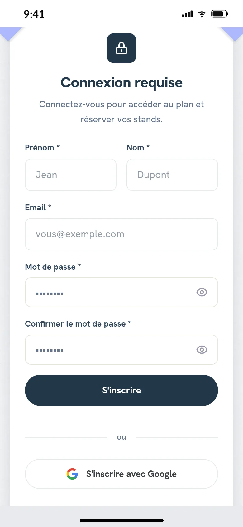 The account creation window of a demo exhibitor site, on a phone, in French, with first name, last name, email address, password and sign-up with Google.