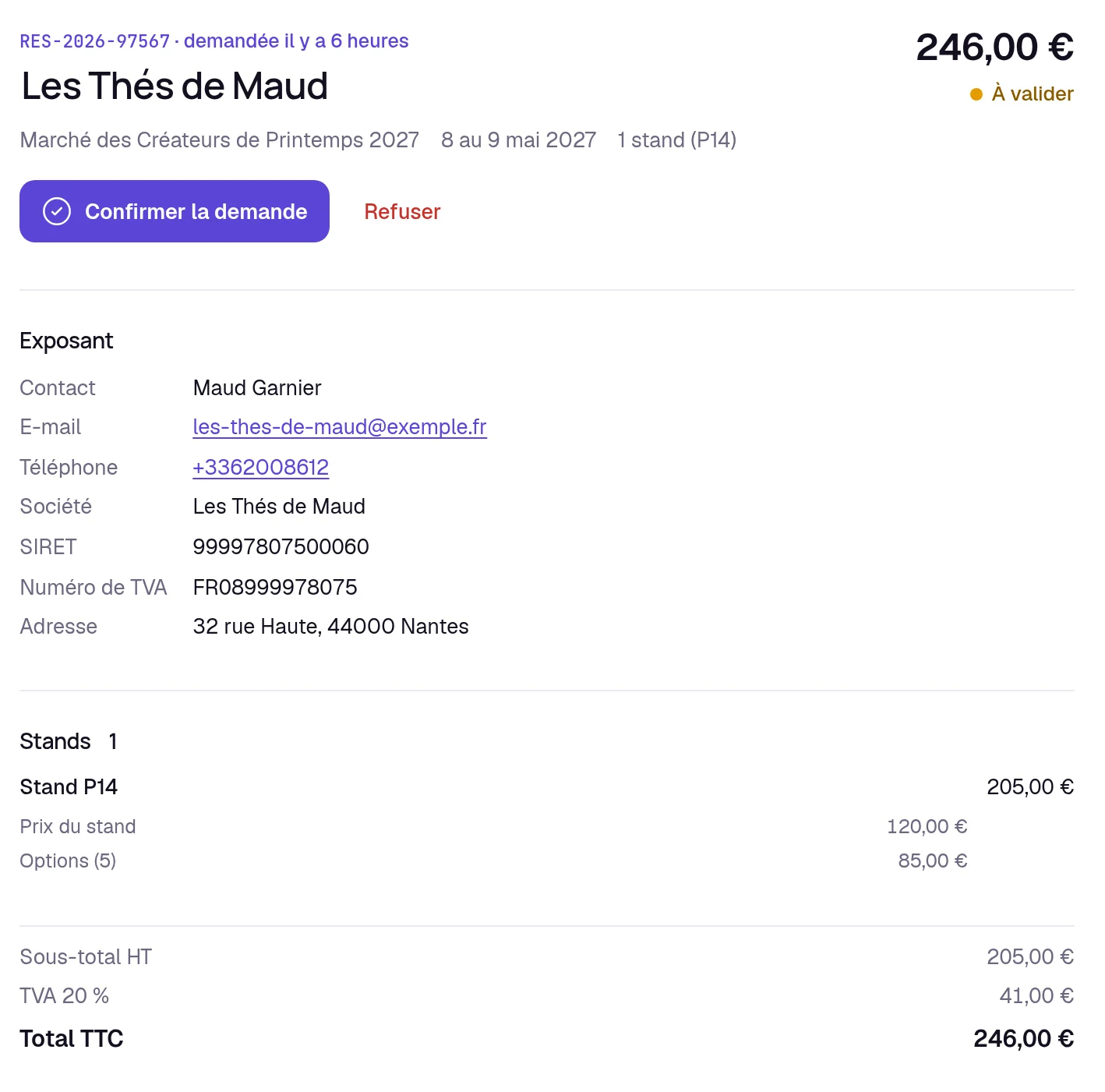 A booking request to review in Keyqo, in French, for a demo makers’ market, with the exhibitor, their booth, their total and the Confirm request and Reject buttons.
