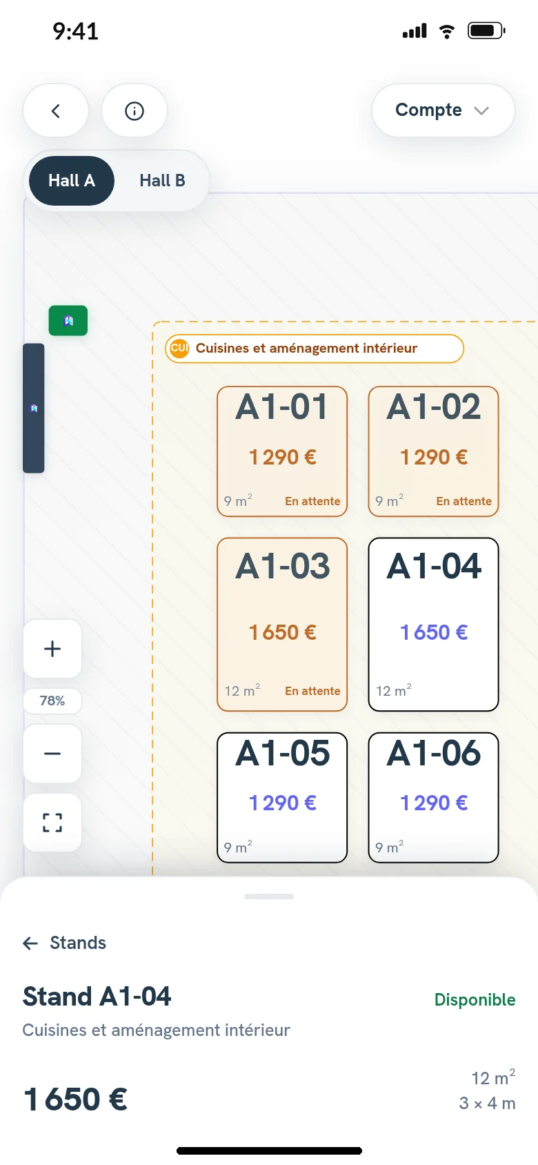 The floor plan of a demo trade show on a phone, in French, as an exhibitor sees it, with booths available or pending, and a 12 m² booth’s card open at the bottom with its price.
