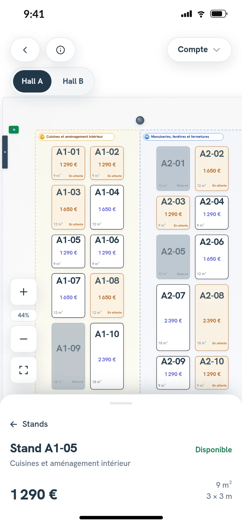Hall A of the same event on a phone, in French, with booths available, pending or booked, and booth A1-05’s card open at the bottom of the screen with its price and size.