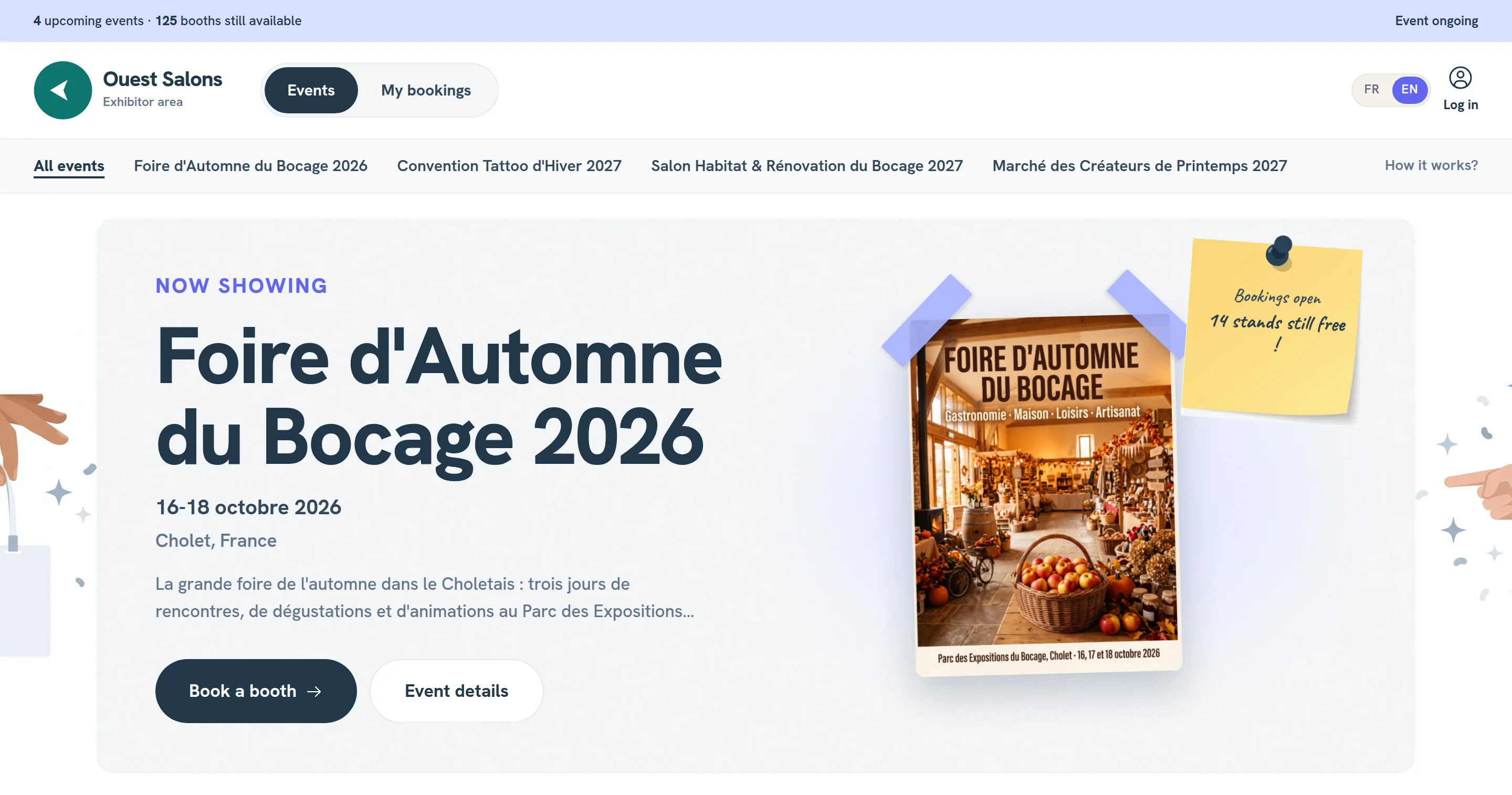 The home page of a demo exhibitor site on a computer, in English, with a fair featured, its dates, its venue, the number of booths still available and the Book a booth button, then the organizer’s other events in the top bar.