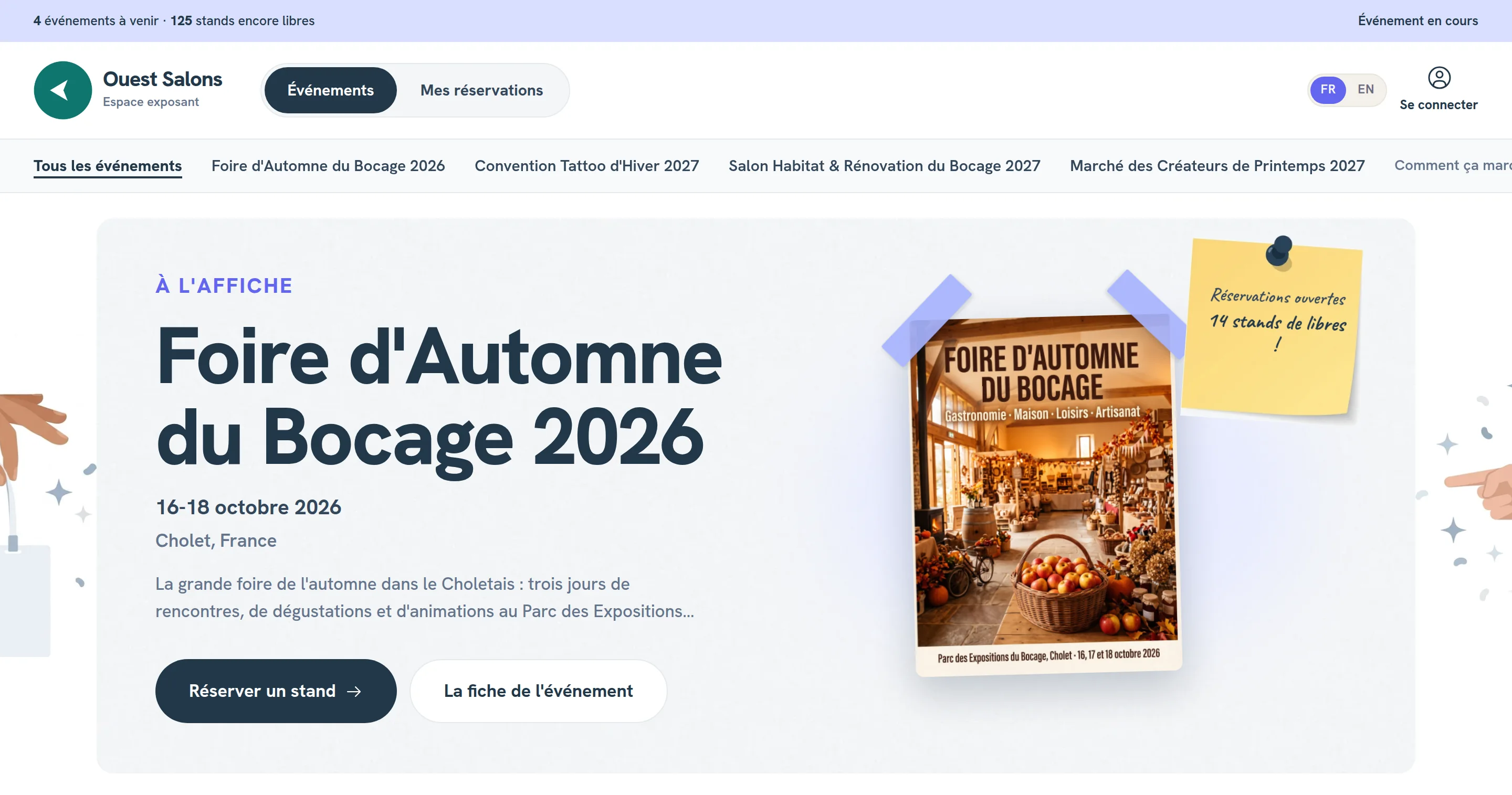 La page d’accueil d’un site exposant de démonstration sur ordinateur, avec une foire à l’affiche, ses dates, son lieu, le nombre de stands encore libres sur le pense-bête et le bouton Réserver un stand, et les autres événements de l’organisateur dans la barre du haut.