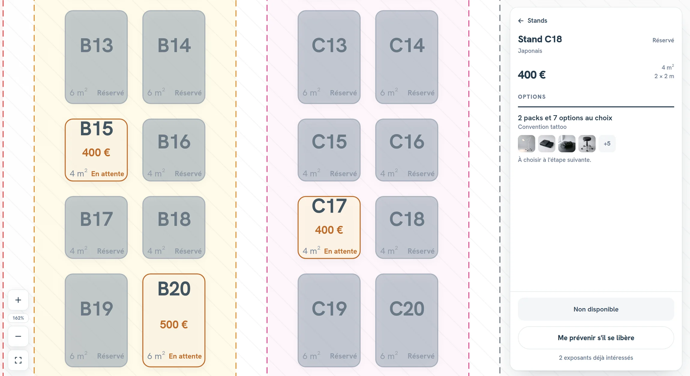 The floor plan of a sold-out demo convention on an exhibitor site, in French, and the panel of booth C18, already taken, €400, with the Notify me if it becomes available button and the note that 2 exhibitors are already interested.