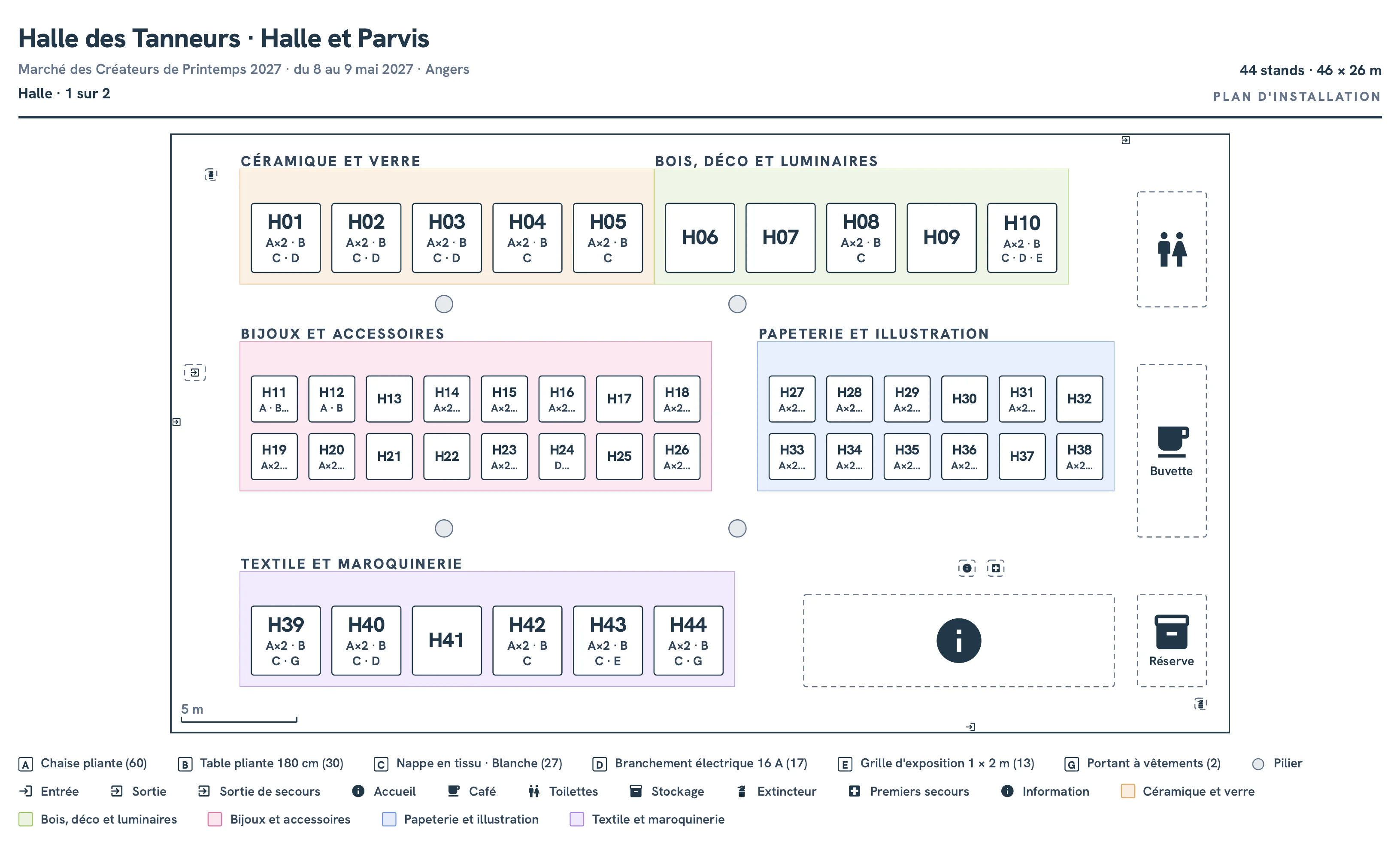 The hall page of a demo event’s printed setup floor plan, in French, with its 44 booths grouped by sector, the letters of the ordered options on the booths that have them, and their legend.