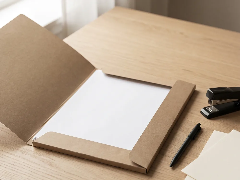 A cardboard folder open on a table, with sheets of paper, a pen and a stapler.