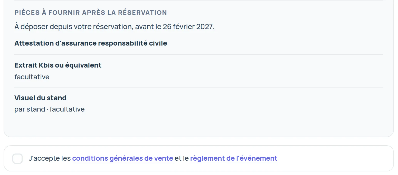 The Documents to provide after booking block of the Confirmation step, on the exhibitor site of a demo trade show, in French, with the upload deadline, a liability insurance certificate, an optional company registration extract, an optional booth visual per booth, then the checkbox accepting the terms of sale and the event rules.