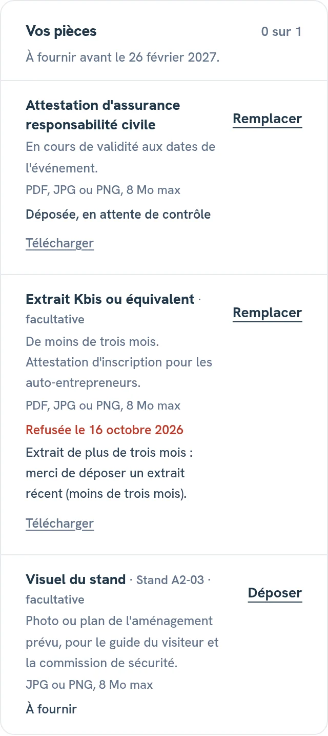 The Supporting documents card of a demo booking, as the exhibitor sees it, in French, with one document uploaded and awaiting review, one rejected with the organizer’s reason and the Replace button, and one still to upload with the Upload button.