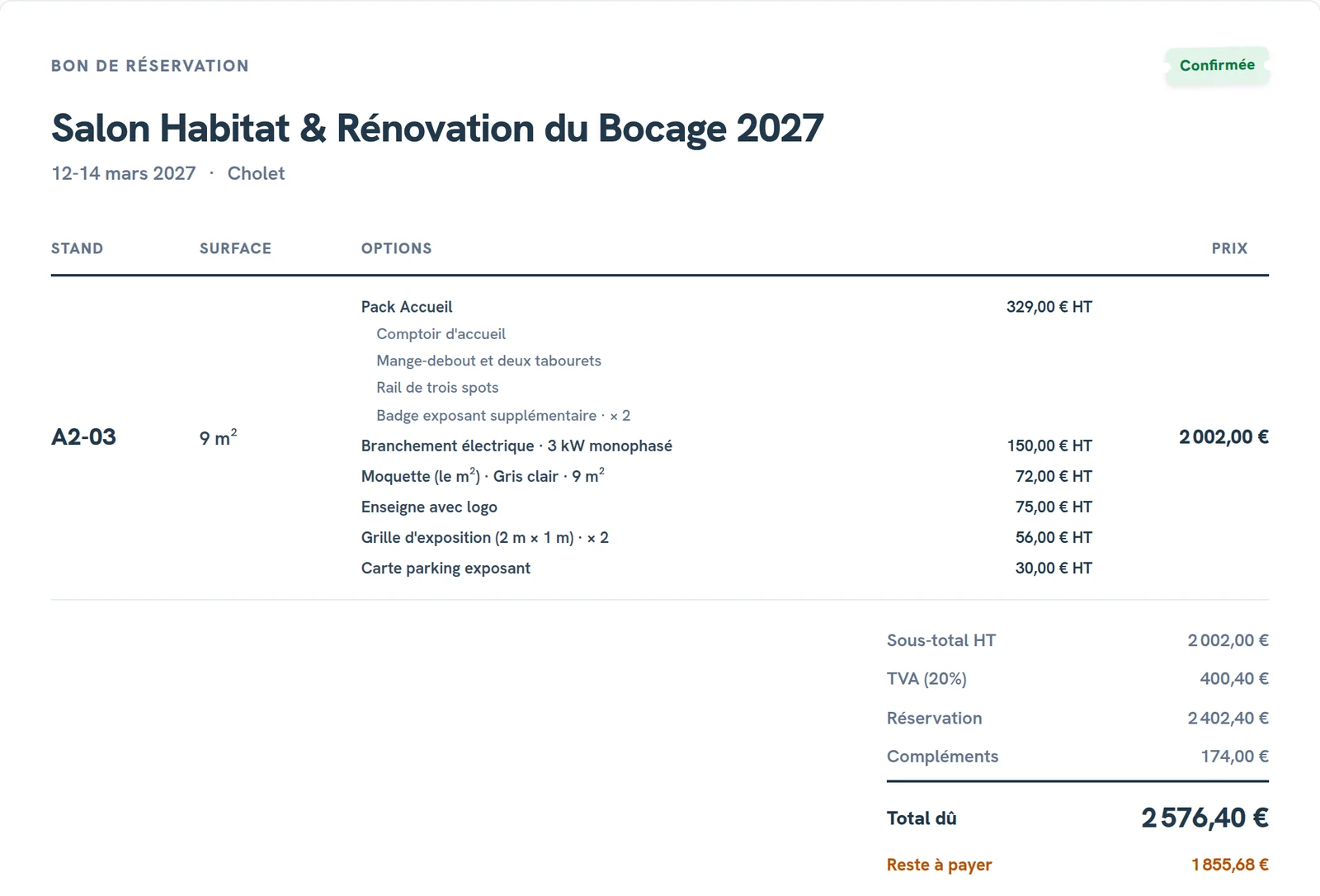 An exhibitor’s booking in their exhibitor area, on a demo site, in French, confirmed, with their booth, their pack and options, the total due and the balance due.