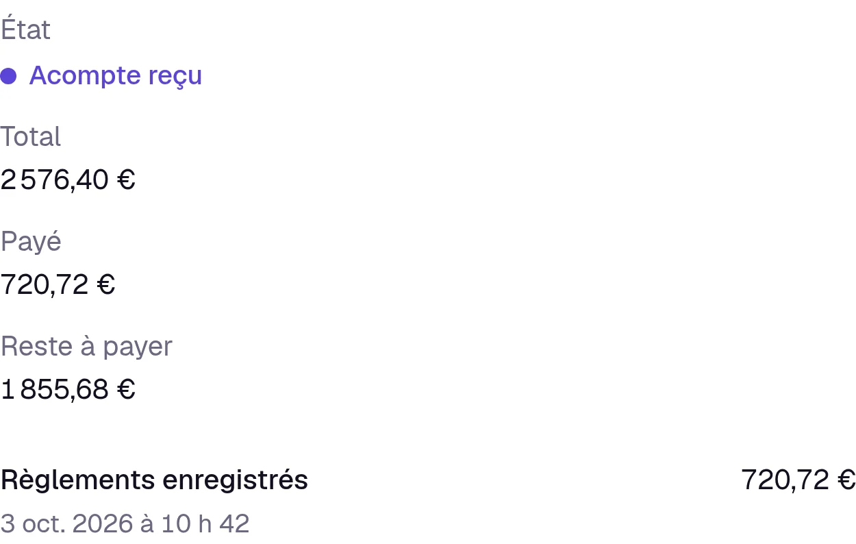 A booking’s payment in Keyqo, in French, marked Deposit received, with the total, the amount paid, the balance due and the payment recorded with its date.