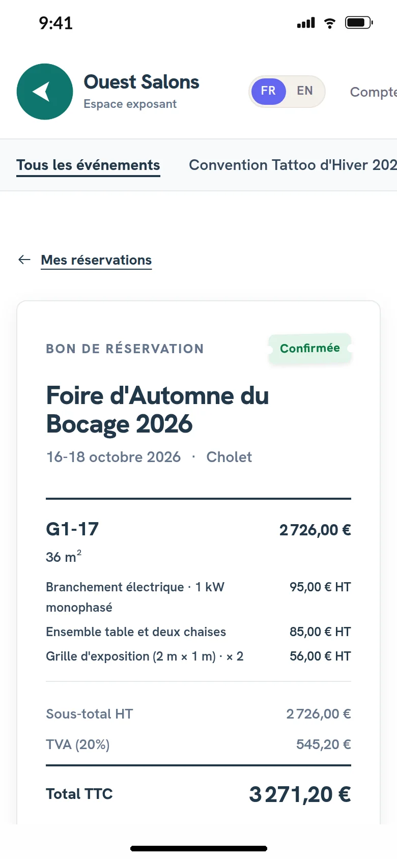 « Ma réservation » sur le téléphone d’un exposant du site de démonstration : le bon de réservation confirmé de la Foire d’Automne, le stand G1-17, ses options et le total.