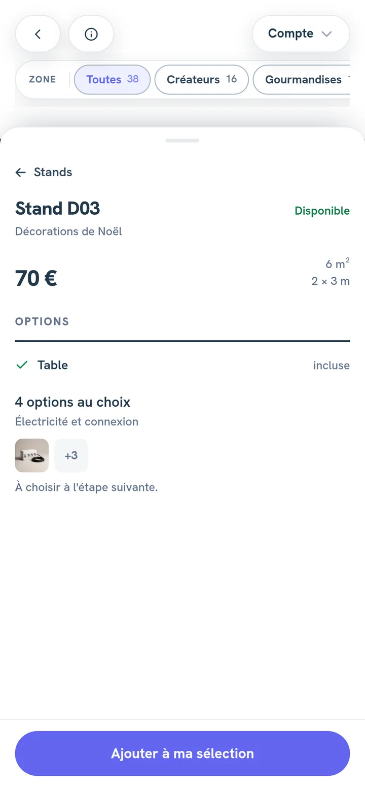La fiche du stand D03 sur un téléphone, 70 €, 6 m², table incluse et quatre options au choix.