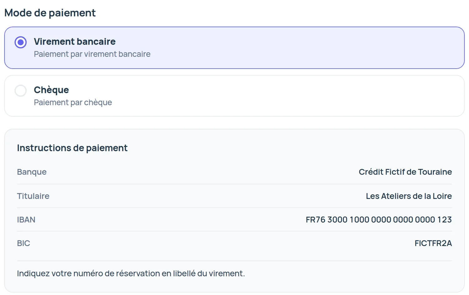 L’étape Paiement sur le site exposant, le virement bancaire choisi et les instructions de paiement de l’organisateur.