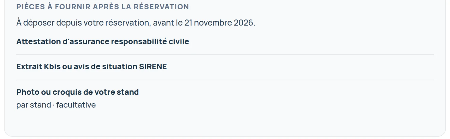 Les pièces annoncées à l’exposant avant de confirmer, dont l’attestation d’assurance et l’extrait Kbis, avec leur date limite.