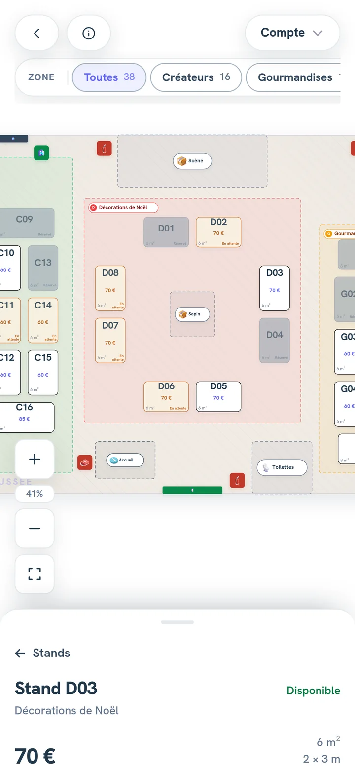 Le plan d’une salle des fêtes sur un téléphone, les stands des trois secteurs et la fiche d’un stand en bas de l’écran.