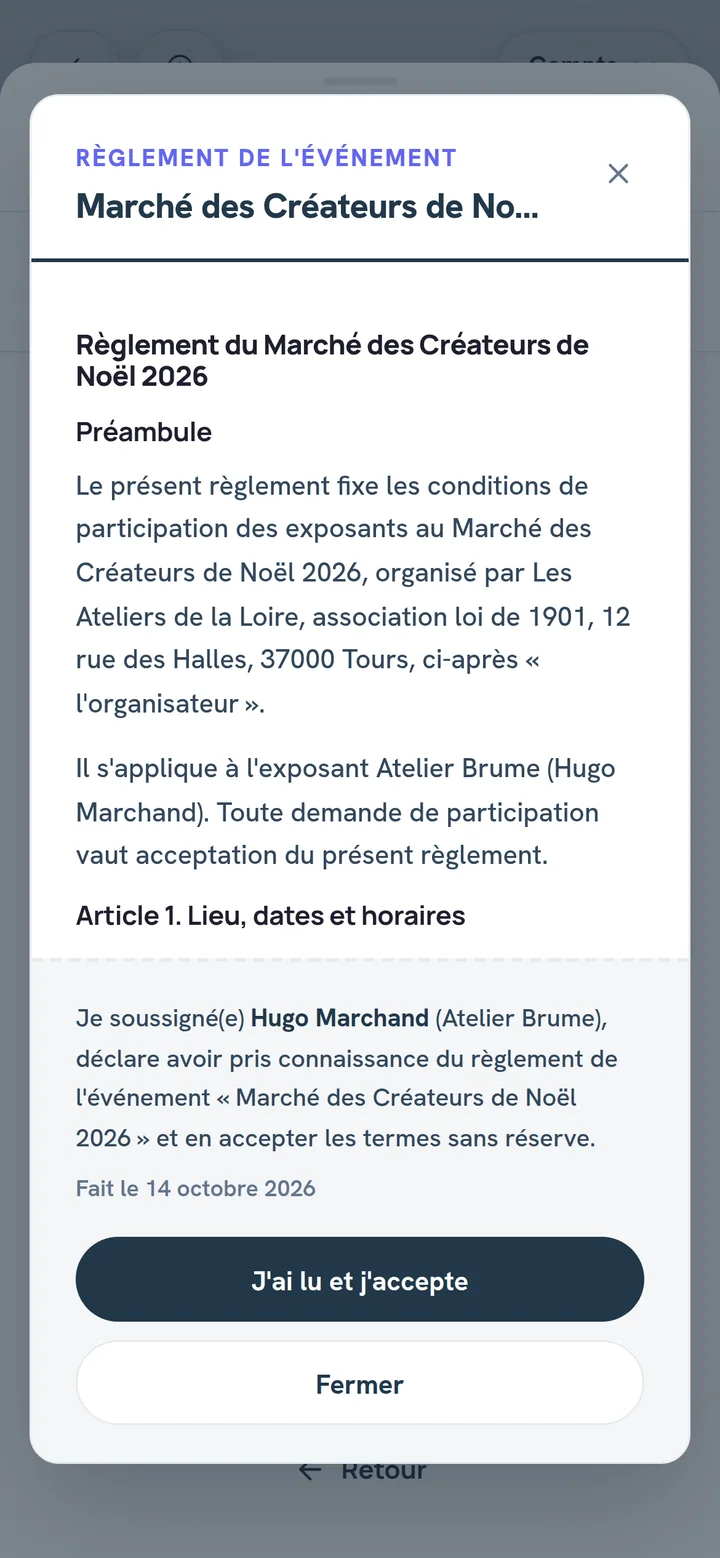 Le règlement de l’événement présenté à l’exposant avant de confirmer, avec son nom, la date et le bouton J’ai lu et j’accepte.