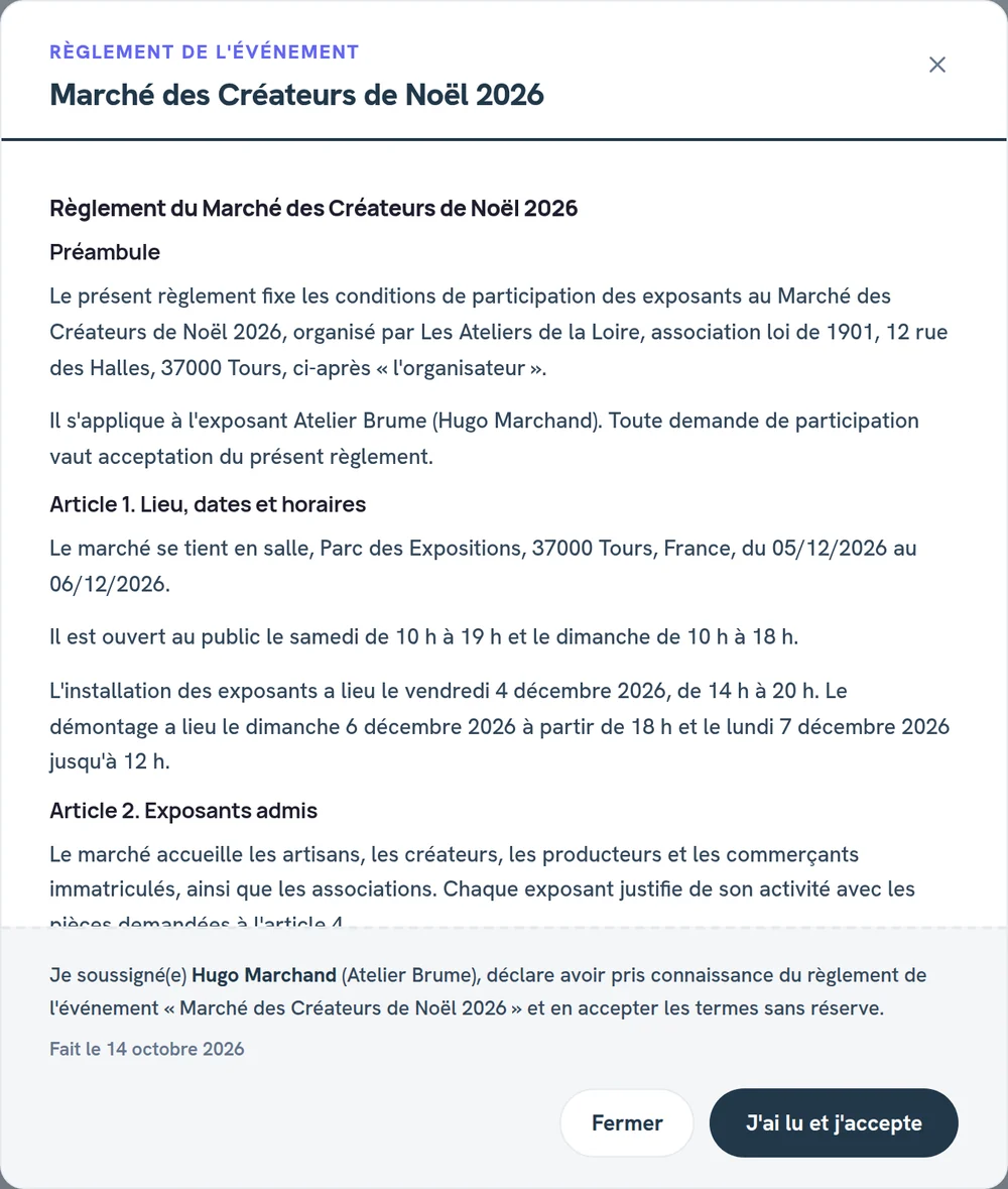 Le règlement du marché présenté à l’exposant avant de confirmer, avec son nom, la date et le bouton J’ai lu et j’accepte.
