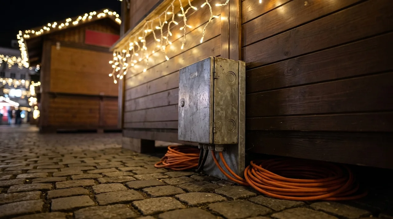 Un coffret électrique et des rallonges au pied d’un chalet de marché de Noël, le soir.