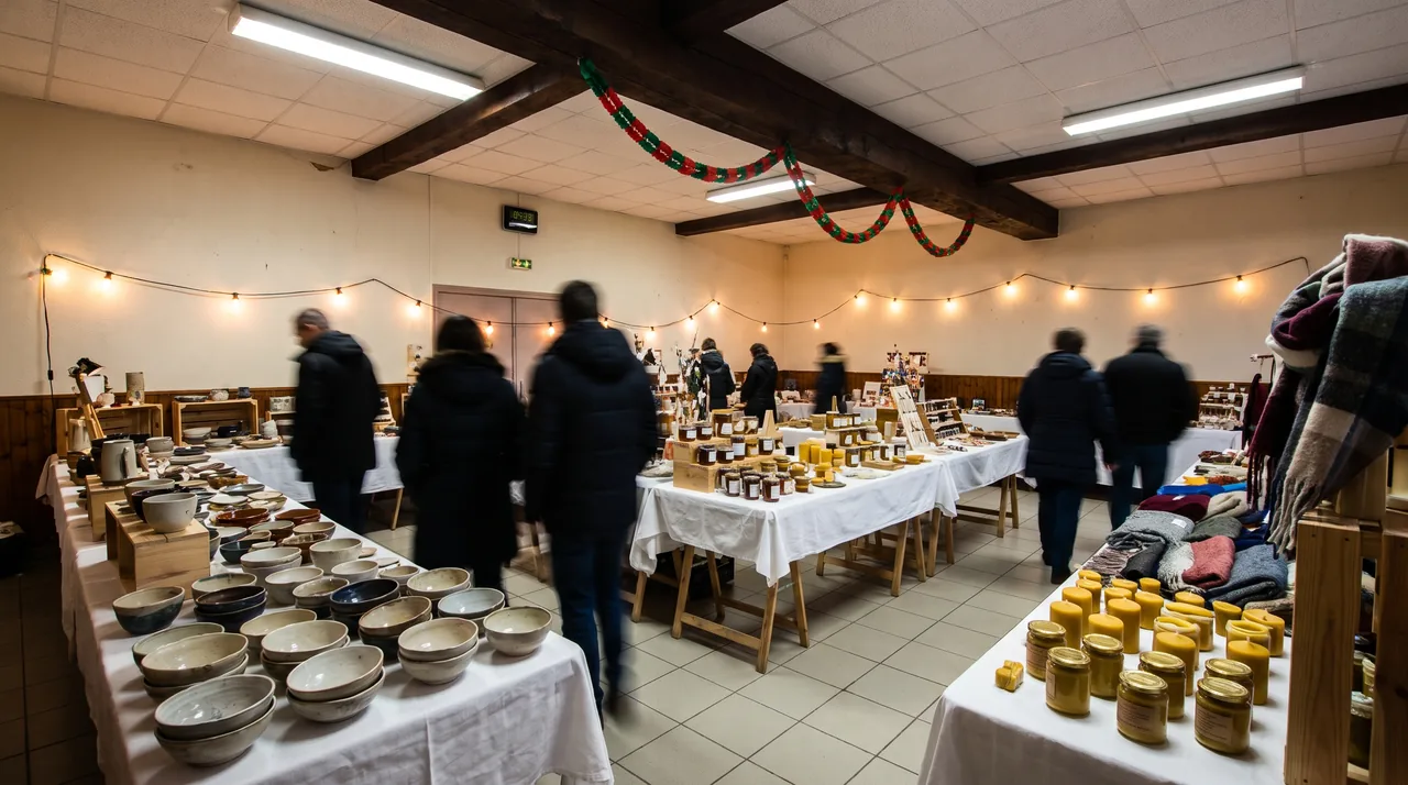 Une salle des fêtes pendant un marché de Noël, des tables de créateurs alignées le long des murs.