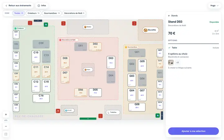 Le plan d’un événement sur le site exposant, les stands disponibles, en attente ou réservés, et la fiche d’un stand ouverte.