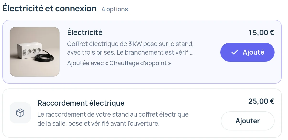 L’étape Composez votre stand sur le site exposant, l’électricité et le raccordement électrique à leur prix, la première déjà ajoutée.