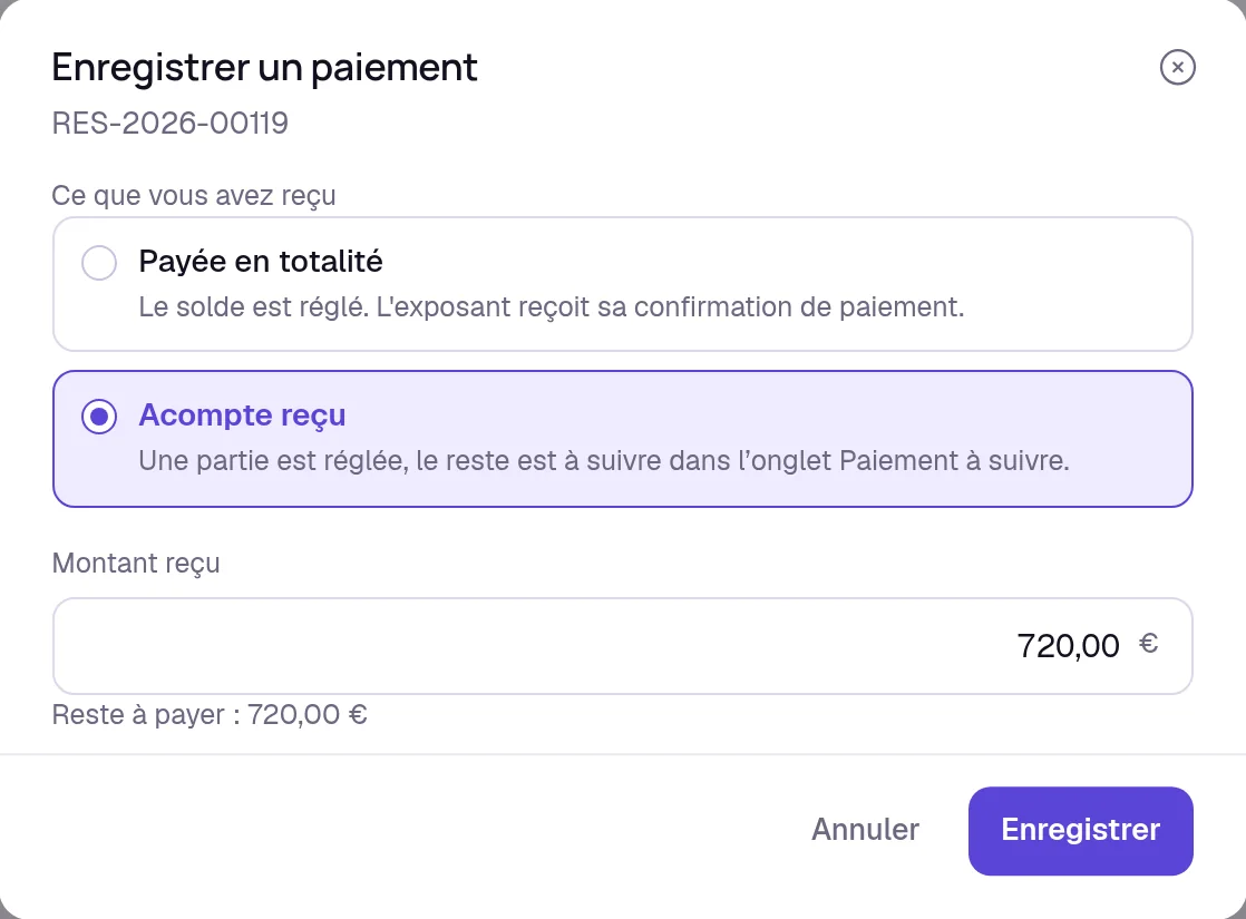 La fenêtre Enregistrer un paiement de Keyqo, Payée en totalité ou Acompte reçu, avec le montant reçu et le reste à payer.