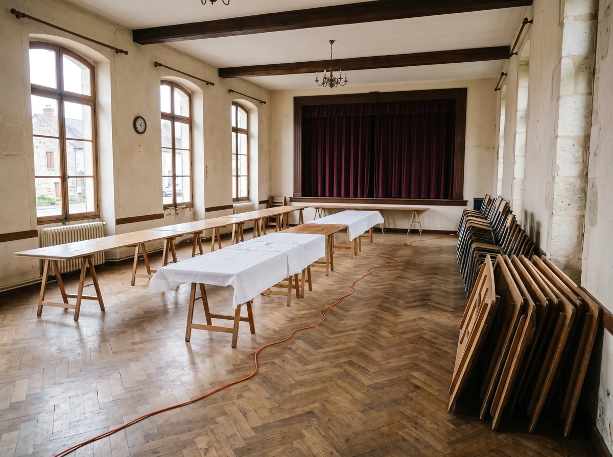 Une salle des fêtes en cours d’installation, des tables pliantes alignées et des nappes à déplier avant un marché.