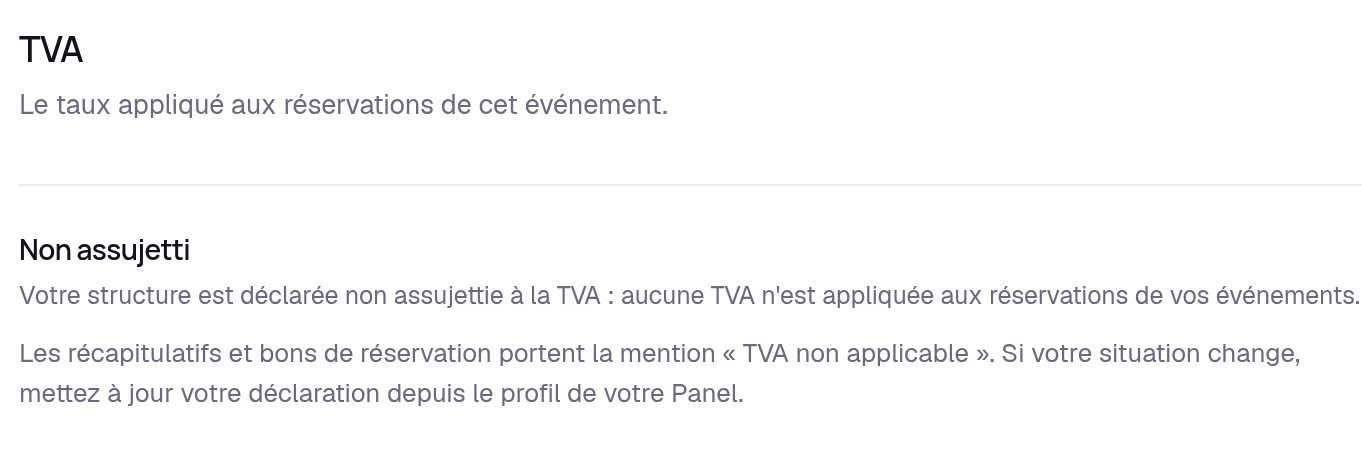 La rubrique TVA d’un événement dans Keyqo pour une structure non assujettie, avec la phrase sur la mention TVA non applicable.