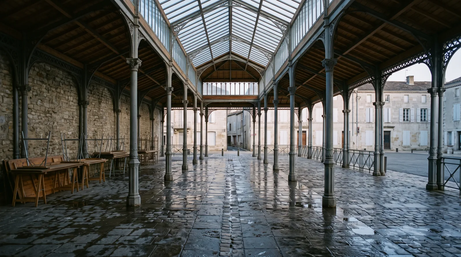 Une halle municipale vide au petit matin, ses tables pliantes rangées contre un côté, avant l’installation d’un marché.