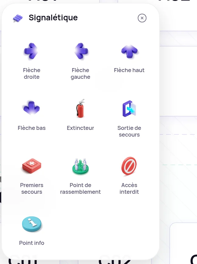 La signalétique de l’éditeur de plan de Keyqo, flèches, extincteur, sortie de secours, premiers secours et point de rassemblement.