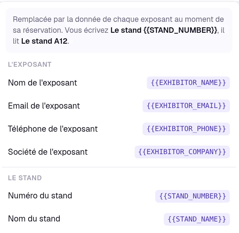Les données à insérer dans le règlement, nom de l’exposant, numéro du stand, dates de l’événement.