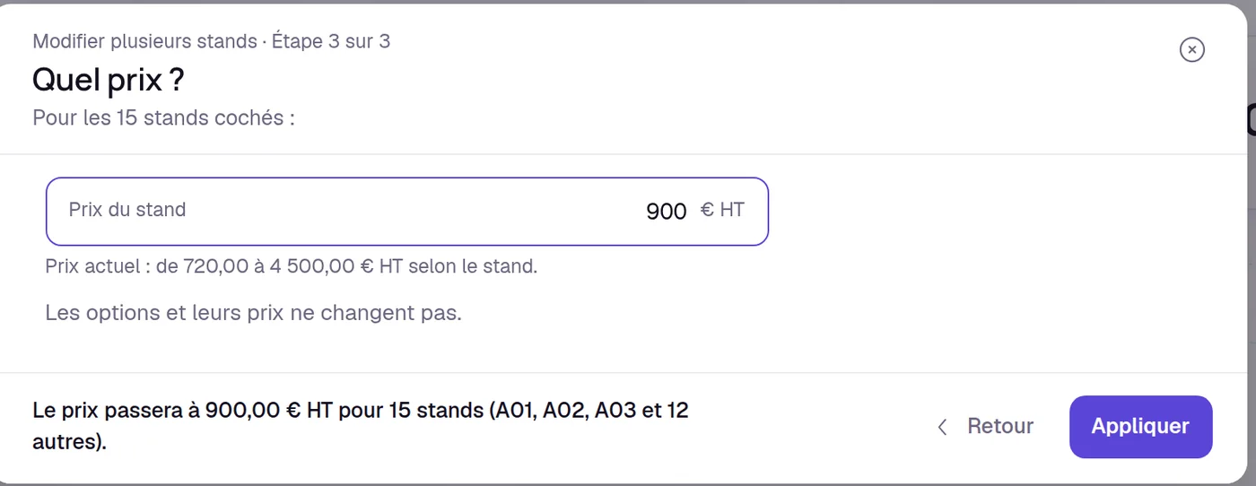 La fenêtre Quel prix ? de Keyqo, un nouveau prix appliqué à quinze stands en une fois.