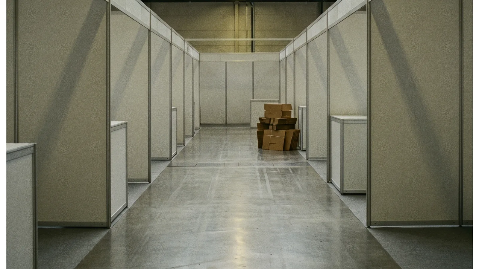 Une allée de stands encore vides dans une grande salle d’exposition, le matin avant l’ouverture.