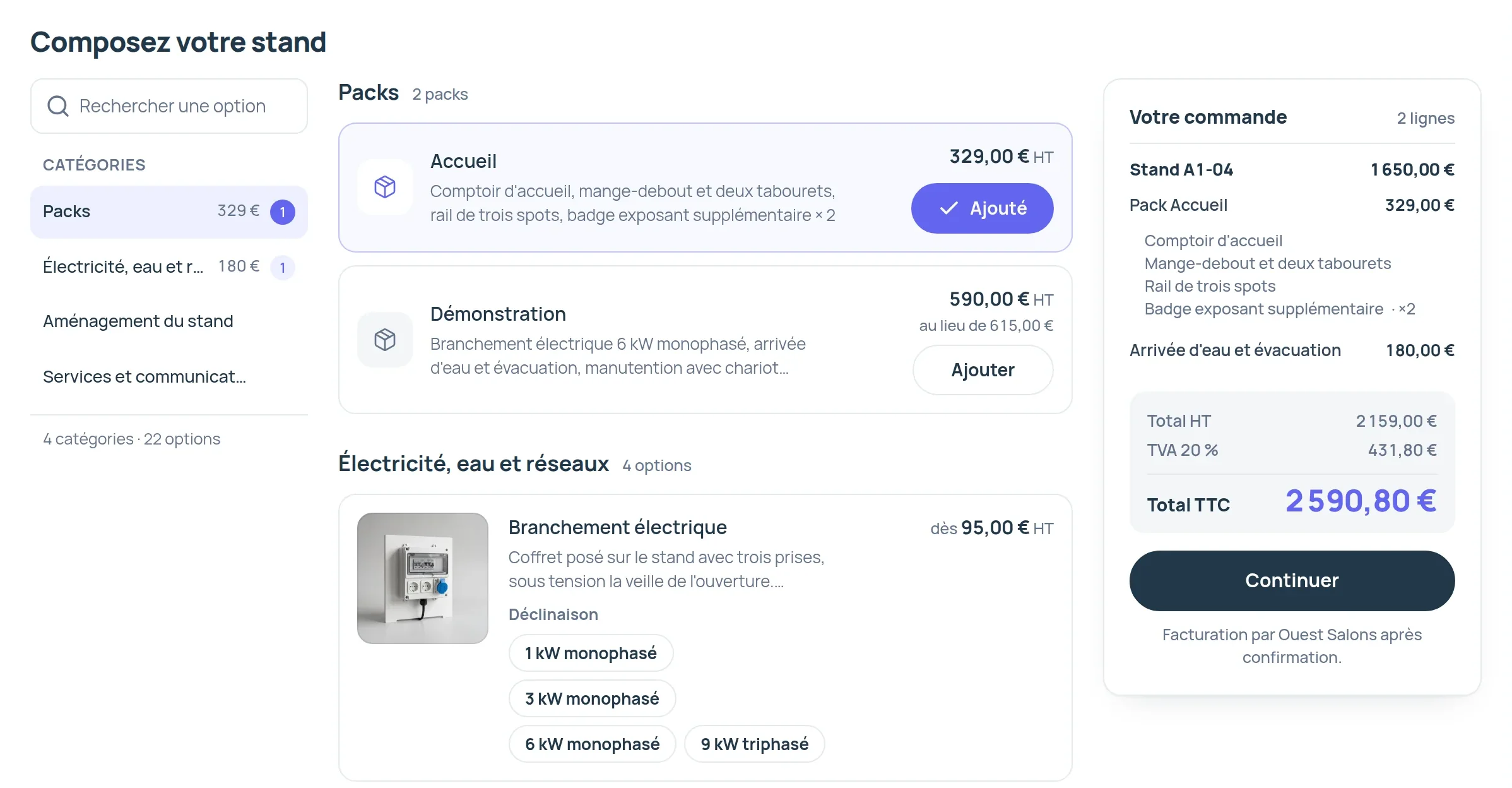 L’étape Composez votre stand sur le site exposant d’un événement de démonstration, avec deux packs en premier, puis le branchement électrique avec sa photo et ses quatre déclinaisons, de 1 à 9 kW, et à droite la commande avec son total.